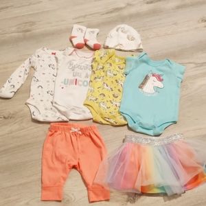 Unicorn Bundle 4 onesies+1pant, 1skirt+hat & socks